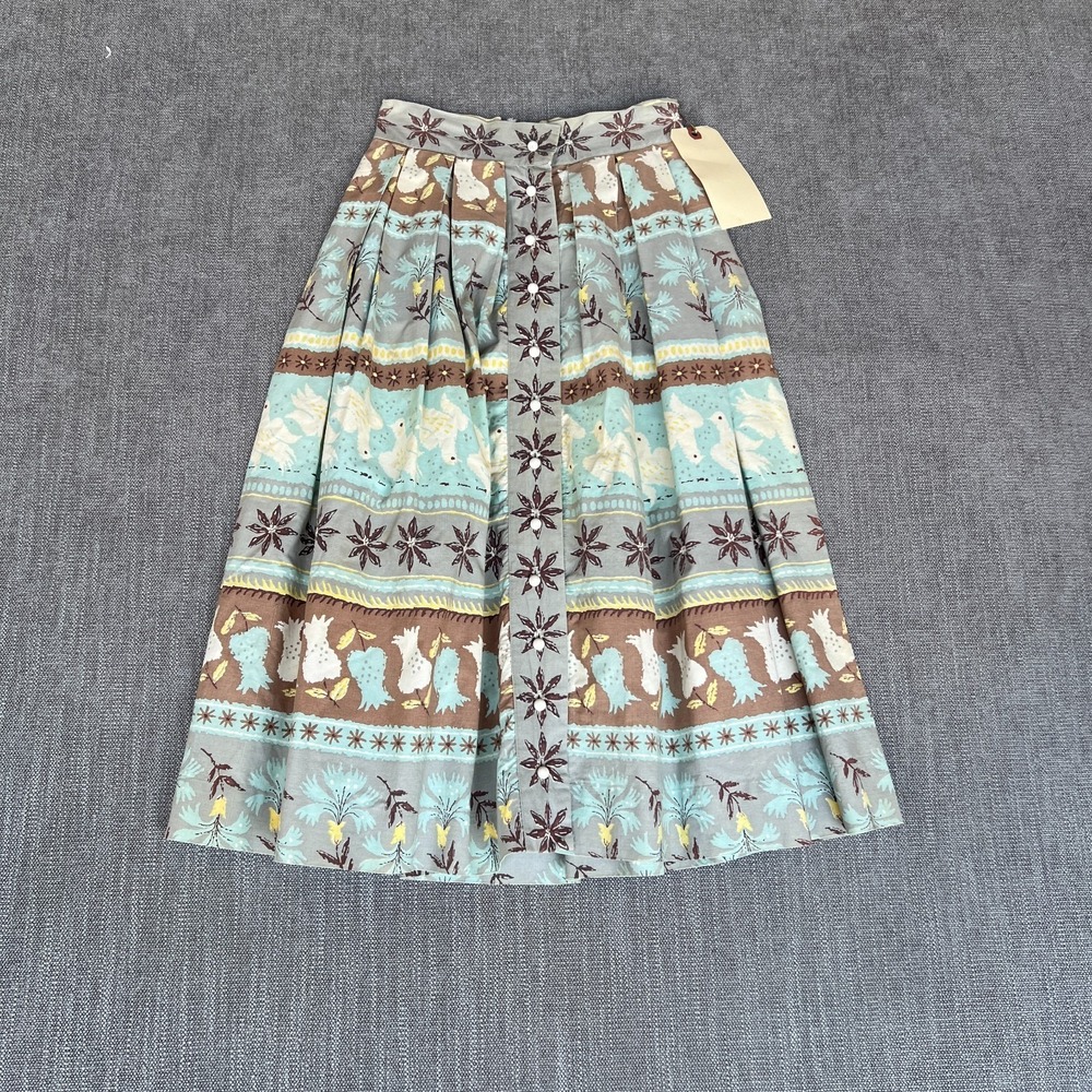 Vtg 50s Alex Colman California Novelty Print Skirt 23 24 Swan Duck Folk Pleated